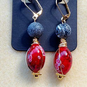 Sassy Black Stone & Red Lampwork wrap Dangle Earrings.